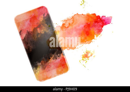 An overhead photo of a smartphone with a splash of vibrant paint for copy space Stock Photo