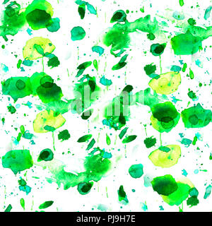 An abstract seamless background pattern in green, with abstract brush strokes and splashes. A vibrant watercolour repeat print Stock Photo