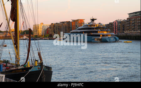 megayachts docked on the River Thames, London, United Kingdom. Stock Photo