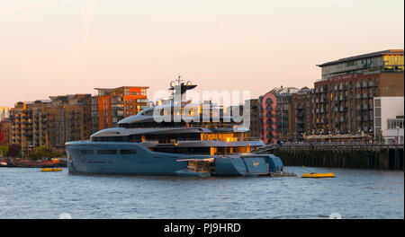 megayachts docked on the River Thames, London, United Kingdom. Stock Photo