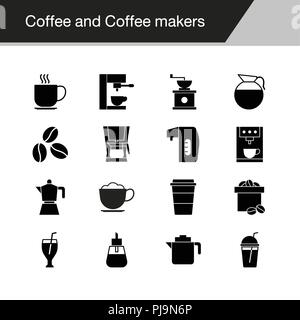Coffee and Coffee makers icons. Design for coffee shop, mobile application, web design, infographics. Vector illustration. Stock Vector