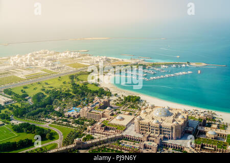 Aerial view Emirates Palace Hotel and the Presidential Palace in Abu Dhabi, UAE Stock Photo