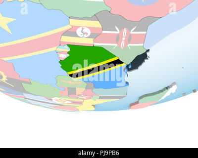 Tanzania on bright political globe with embedded flag. 3D illustration ...