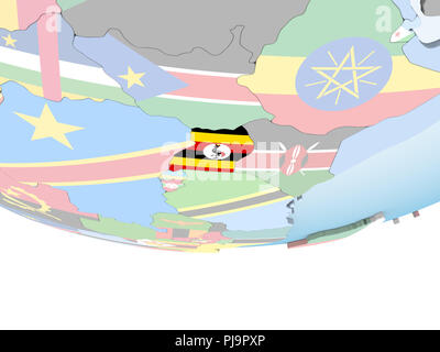 Uganda on bright political globe with embedded flag. 3D illustration. Stock Photo