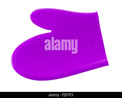 Silicon, silicone pot holders, ultra violet purple colour, isolated on white background. Modern kitchenware, mitt glove shape. Stock Photo