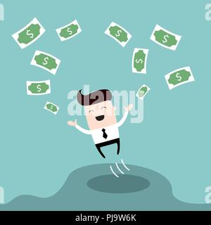Happy businessman jumping surrounded by money Cute cartoon character Profit successful business concept Stock Vector