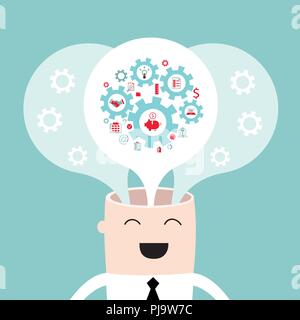 Businessman head with the gears thoughts and ideas Brain storming successful business idea concept Stock Vector