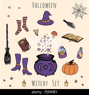 Colorful set of hand drawn vector halloween elements. Includes outline of potions, vials, herbs, books, mushrooms,cauldron with bubbles, pumpkin, witc Stock Vector