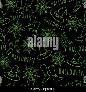 Colorful green hand drawn vector halloween seamless pattern on the black background.  Includes witches hat, stockings, shoes and spider webs. Stock Vector