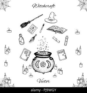 Hand drawn vector witchcraft set isolated on white background. Includes potions, herbs, books, witches hat and broom, candles, magic wand and cauldron Stock Vector