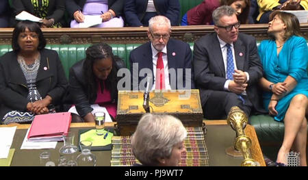 Labour's front bench listens as Prime Minister Theresa May speaks during Prime Minister's Questions in the House of Commons, London. Stock Photo