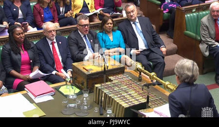 Labour's front bench listens as Prime Minister Theresa May speaks during Prime Minister's Questions in the House of Commons, London. Stock Photo