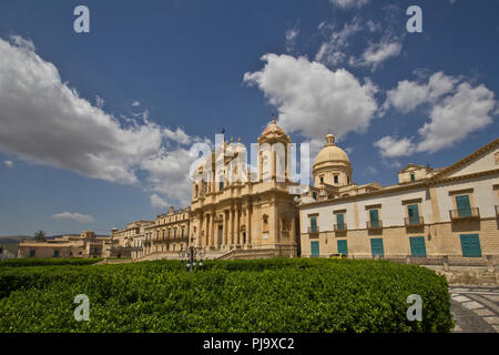 view from the Cathedral of St. Nicholas and rebuilt the palace Ducezio city hall of Noto Stock Photo