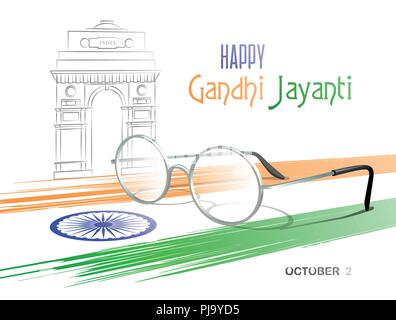 October 2. Happy Gandhi Jayanti. Abstract colors of the Indian flag with Ashoka Chakra, eyeglasses and sketch of the India Gate. Vector illustration. Stock Vector