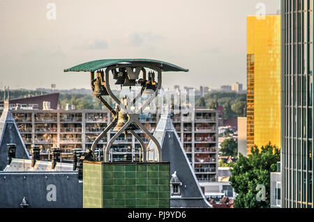 Rotterdam, The Netherlands, August 31, 2018: close-up of the bells in the clock tower of the Beurs WTC building Stock Photo