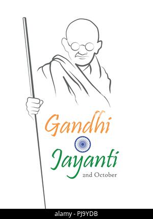 2nd October. Gandhi Jayanti. Abstract sketch of Mahatma Gandhi with inscription in shape of the Indian flag. Vector illustration. Stock Vector