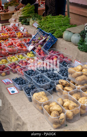 Fruit and vegetable stall at Stroud farmers market. Stroud,Gloucestershire, England Stock Photo