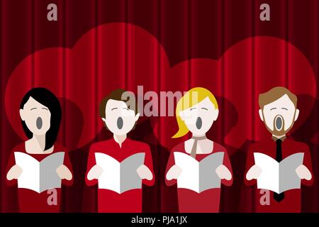 choir singers singing in front of a red stage curtain Stock Vector