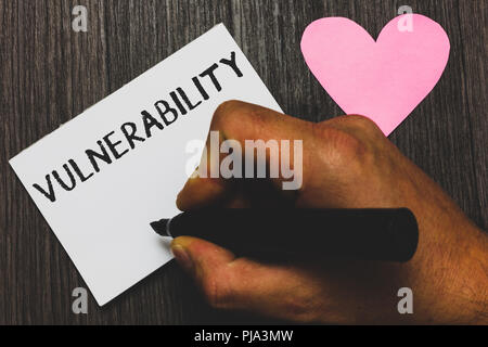 Handwriting text writing Vulnerability. Concept meaning State of being exposed to the possibility of being attacked Man hand holding marker white pape Stock Photo