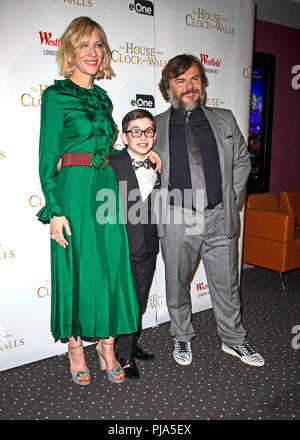 (left to right) Cate Blanchett, Owen Vaccaro and Jack Black during the world premiere of The House with a Clock in Its Walls at Westfield in White City, London. Stock Photo