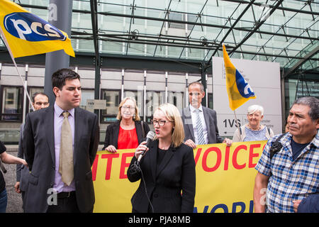 London, UK. 5th September, 2018. Shadow Secretary of State for Business, Energy and Industrial Strategy Rebecca Long-Bailey addresses members and supporters of grassroots trade union United Voices of the World (UVW) and the BEIS (Department for Business, Energy & Industrial Strategy) branch of the Public & Commercial Services (PCS) trade union outside BEIS in support of industrial action for an end to outsourcing and a Living Wage by cleaners (Ministry of Justice) and security staff (BEIS). Credit: Mark Kerrison/Alamy Live News Stock Photo