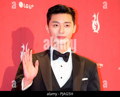 Park Seo-Joon, Sep 3, 2018 : South Korean actor Park Seo-Joon during a red carpet event of the Seoul International Drama Awards (SDA) 2018 in Seoul, South Korea. Park, the main actor from Korean drama, 'Fight for My Way', won the Best Actor of the SDA 2018 on Monday. Credit: Lee Jae-Won/AFLO/Alamy Live News Stock Photo