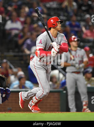 Los Angeles Angels designated hitter Shohei Ohtani hits a solo home run in the sixth inning during the Major League Baseball game against the Texas Rangers at Globe Life Park in Arlington in Arlington, Texas, United States, September 4, 2018. Credit: AFLO/Alamy Live News Stock Photo