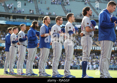 Los Angeles, CA, USA. 5th Sep, 2018. Mets players line up for the national Anthem before the game versus the New York Mets and the Los Angeles Dodgers on August 5, 2018, at Dodger Stadium in Los Angeles, CA. (Photo by Peter Joneleit) Credit: csm/Alamy Live News Stock Photo