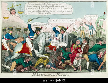 The Peterloo Massacre.  The massacre took place on August 16, 1819 at St Peter’s Field, Manchester, England, when the 15th Hussars, a cavalry regiment, charged with sabres drawn into an unarmed crowd who were demanding reform of parliamentary representation, killing 15 and wounding an estimated 500-plus.  After a contemporary cartoon published 1819. Possibly drawn by Robert Cruikshank. Stock Photo