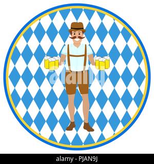 Hilarious man with mugs of beer at hands Stock Vector