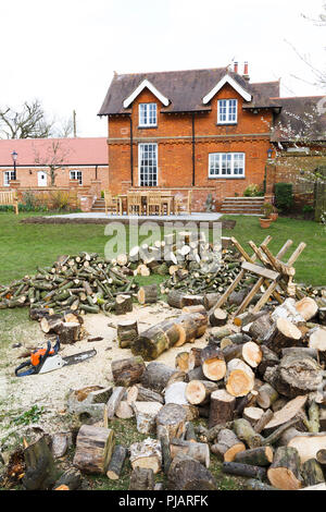 Cutting firewood with a chainsaw in an English garden setting with a large country house in the background Stock Photo