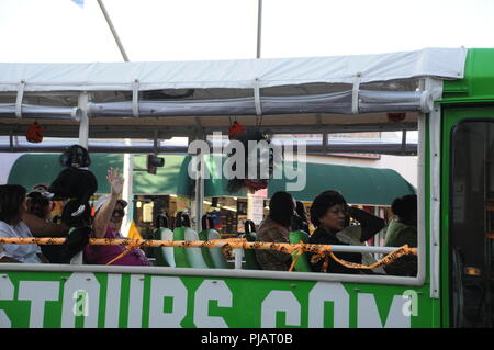 LOS ANGELES, USA - NOVEMBER 14, 20178: Hollywood tour buses with Halloween horror decorations on Hollywood blvd in Los Angeles, USA Stock Photo