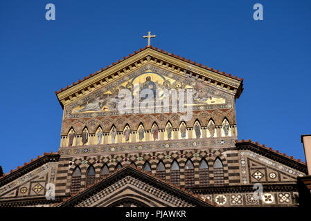 The Glittering Saint Andrew's Cathedral in Amalfi.. The cathedral dates back to the 11th century. The stairs were built in 1203 for Cardinal Pietro Stock Photo