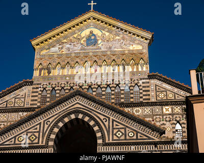 The Glittering Saint Andrew's Cathedral in Amalfi.. The cathedral dates back to the 11th century. The stairs were built in 1203 for Cardinal Pietro Stock Photo