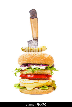 Double burger with chicken, tomatoes, pickles, pineapple and rucola isolated on white Stock Photo