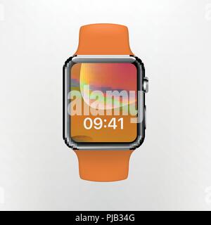 New York, USA - August 22, 2018: Stock vector illustration realistic new Apple Watch. Smart watch isolated on dark background. Mockup mock-up WWDC 2018 steel 42mm smartwatch EPS10 Stock Vector