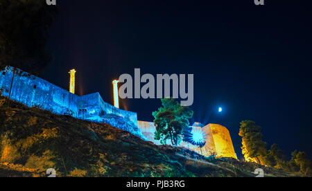 Night view of Urfa Castle pillars and walls over Golbasi Park in Sanliurfa.Turkey. Stock Photo