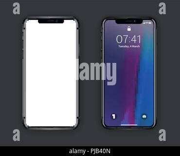 New York, USA - August 22, 2018: realistic new set phone. Frameless full with blank screen mockup mock-up smartphone isolated on gray background. Fron Stock Vector
