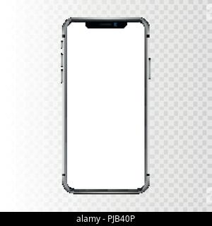 New York, USA - August 22, 2018: realistic new black phone. Frameless full screen mockup mock-up smartphone isolated on transparent checkered backgrou Stock Vector