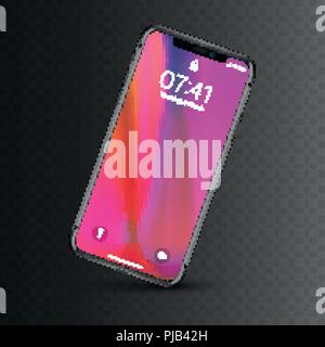 New York, USA - August 22, 2018: realistic new black phone. Frameless full screen mockup mock-up smartphone isolated on dark transparent checkered bac Stock Vector
