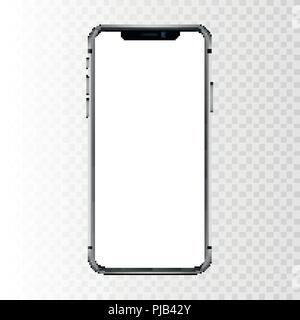 New York, USA - August 22, 2018: realistic new black phone. Frameless full screen mockup mock-up smartphone isolated on transparent checkered backgrou Stock Vector