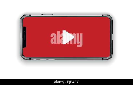 New York, USA - August 22, 2018: realistic new black red phone. Watching video. Frameless full screen mockup mock-up smartphone isolated on white background. Front view, horizontal orientation. EPS10 Stock Vector