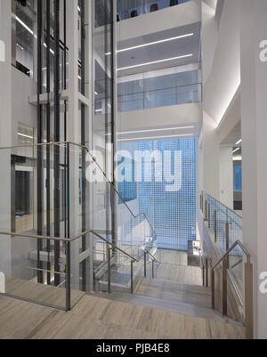 Atrium interior. Aga Khan Centre, London, United Kingdom. Architect: Maki and Associates, 2018. Stock Photo