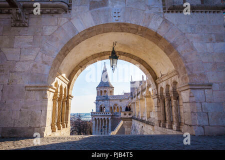 BUDAPEST / HUNGARY - FEBRUARY 02, 2012: View of historical landmark Fishermans Vastion located in the capitol of the country, shot taken during winter Stock Photo