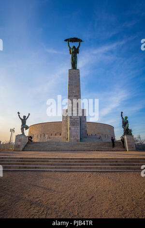 BUDAPEST / HUNGARY - FEBRUARY 02, 2012: View of historical landmark Liberty Statue located in the capitol of the country, shot taken during winter sun Stock Photo