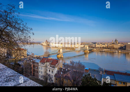 BUDAPEST / HUNGARY - FEBRUARY 02, 2012: Panorama of the city, shot taken during winter sunny day Stock Photo