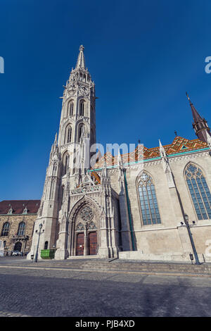 BUDAPEST / HUNGARY - FEBRUARY 02, 2012: View of historical St Matthias Church located in the capitol of the country, shot taken during winter day Stock Photo