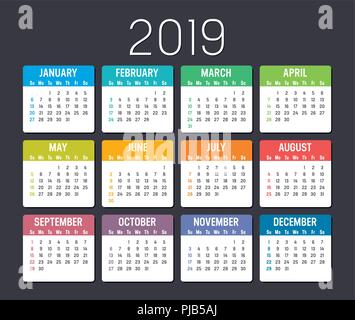 Colorful year 2019 calendar isolated on a dark background Stock Vector