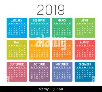 Colorful year 2019 calendar isolated on a white background Stock Vector