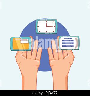 hands with clock folder data social media vector illustration Stock Vector